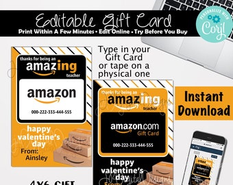 Amazon Gift card Valentine Cards for teachers Teachers Valentines Giftcard Teachers Valentines Card gift printable download Amazon valentine