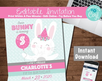 Bunny invitations fifth birthday bunny 5th birthday invitation some bunny turning five bunny birthday invitation Girl 5th birthday invite