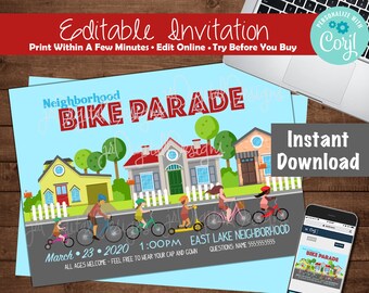 May include: Editable invitation for a neighborhood bike parade. The invitation features a colorful illustration of houses, people riding bikes, and the text "Neighborhood Bike Parade". The date, time, and location of the event are also included.