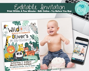 Wild One birthday invitation Boy Jungle birthday invitation Safari Party invite 1st birthday Boy invitation Instant Download Editable PDF
