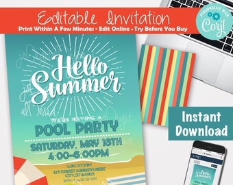 May include: Editable invitation for a pool party with a blue, green and yellow colour scheme. The text says "Hello Summer" and "Pool Party" with the date and time of the party. The invitation also includes a beach scene with an umbrella, flip flops and sunglasses.