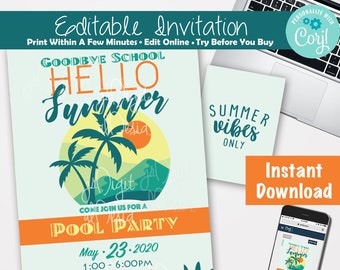 Last day of school Party invitation start of summer swimming party School pool party End of School Bash End of school year party Invitation