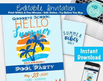 Last day of school Party invitation start of summer swimming party School pool party End of School Bash End of school year party Invitation