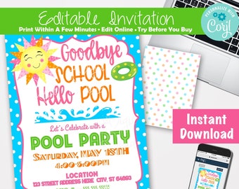 End of school year party Invitation Last day of school Party invitation start of summer swimming party School pool party End of School Bash