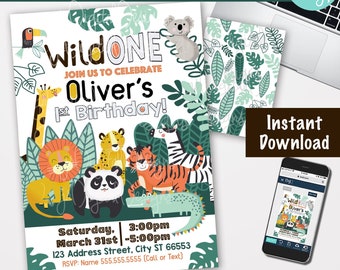 1st birthday Boy invitation Instant Download Editable Wild One birthday invitation Boy Photo Jungle birthday invitation Safari Party invite
