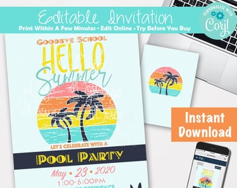 End of school year party Invitation Last day of school Party invitation start of summer swimming party School pool party End of School Bash
