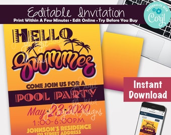 Pool Party Invitation Summer Party Invitation Beach Party invitation Summer Invite Lake Day Invitation BBQ Invite Swimming Party Invitation