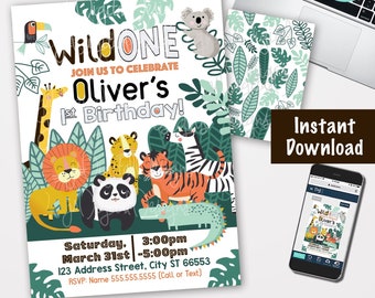 Jungle birthday invitation Safari Party invite 1st birthday Boy invitation Instant Download Editable Wild One birthday invitation Boy Photo