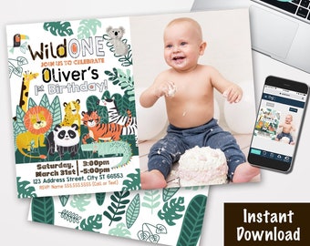 1st birthday Boy invitation Instant Download Editable Wild One birthday invitation Boy Photo Jungle birthday invitation Safari Party invite