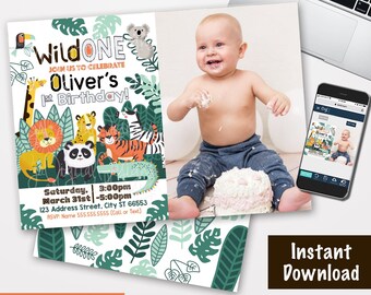 Jungle birthday invitation Safari Party invite 1st birthday Boy invitation Instant Download Editable Wild One birthday invitation Boy Photo