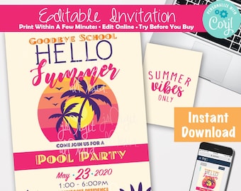 Last day of school Party invitation start of summer swimming party School pool party End of School Bash End of school year party Invitation