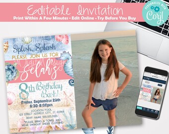 May include: An invitation for an 8th birthday party with a beach theme. The invitation features a watercolour illustration of seashells, coral, and a seahorse. The text on the invitation reads "Splish Splash Please Join Us For Selah's 8th Birthday Bash! Friday, September 23rd 6:30-8:00pm Location Pool 123 Street Address City, ST 82948 RSVP: Name 555.555.5555 *Please bring a towel and wear swimsuit under clothing"