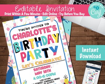 May include: A colorful birthday party invitation with the text "Charlotte's Birthday Party." The invitation includes details like date, time, and location. The design features fruit illustrations and the option to edit online.