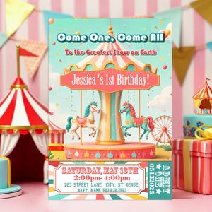 Circus Invitation Carnival Birthday Invite, Instant Download, Editable 1st Birthday Party Invitation Printable Carnival Pastel Girl Birthday