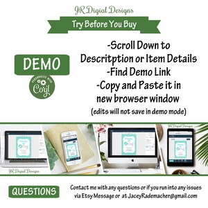 May include: A digital design template for a friendship card with a teal background and white polka dots. The text "Friendship with Coryl" is on the card. The image shows the template on a laptop, tablet, and phone screen. The text "DEMO" is in a green box at the top of the image. The text "JR Digital Designs" is at the top of the image. The text "Try Before You Buy" is below the text "JR Digital Designs". The text "PERSONALIZE WITH Coryl" is in a circle with a gear icon. The text "QUESTIONS" is in a green box at the bottom of the image. The text "Contact me with any questions or if you run into any issues via Etsy Message or at JaceyRademacher@gmail.com" is below the text "QUESTIONS".