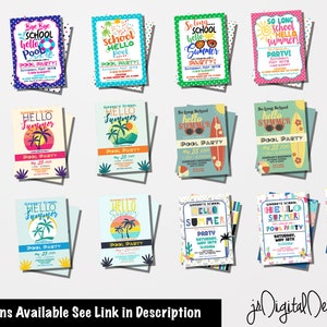May include: A collection of 18 colorful printable pool party invitations with various designs featuring palm trees, sunglasses, surfboards, and the text "Hello Summer" and "Goodbye School, Hello Pool".