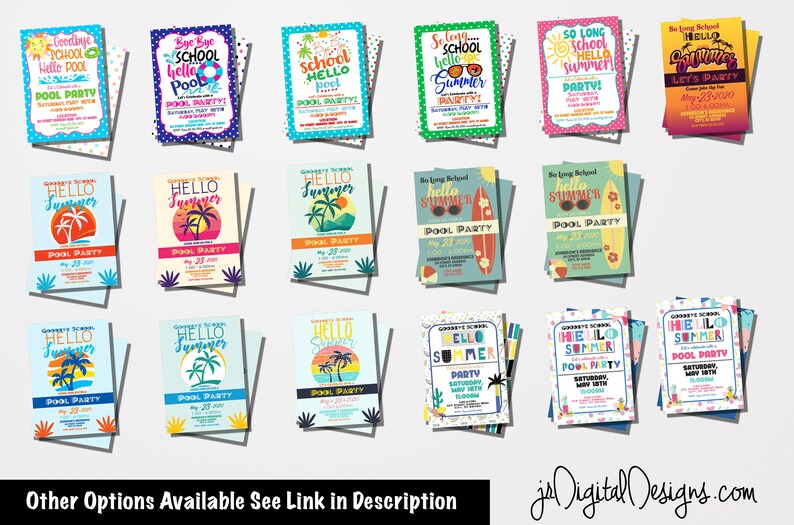 May include: A collection of 18 colorful printable pool party invitations with various designs featuring palm trees, sunglasses, surfboards, and the text "Hello Summer" and "Goodbye School, Hello Pool".