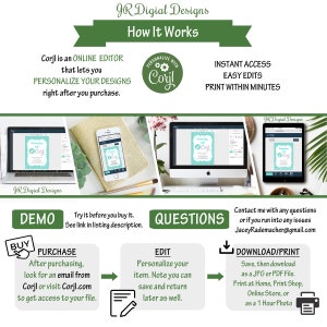 May include: A graphic showing how to use Corjl to personalize and print digital designs. The graphic shows a computer screen, a phone, and a tablet, each displaying a sample design. The graphic also includes text explaining the steps involved in using Corjl, including purchasing, editing, and downloading the design.
