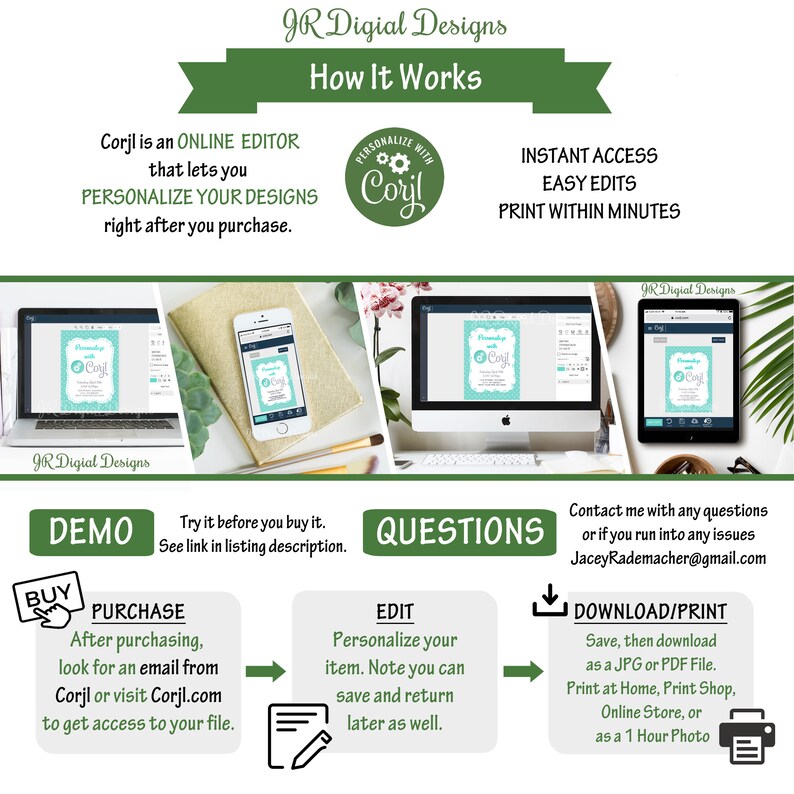 May include: A graphic showing how to use Corjl to personalize and print digital designs. The graphic shows a computer screen, a phone, and a tablet, each displaying a sample design. The graphic also includes text explaining the steps involved in using Corjl, including purchasing, editing, and downloading the design.