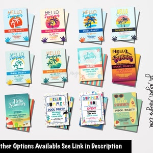 May include: A set of ten colorful summer pool party invitation templates. The invitations feature various designs with palm trees, sunglasses, surfboards, and beach scenes. The text on the invitations includes "Hello Summer", "Pool Party", "Summer Fun", and "Beach".