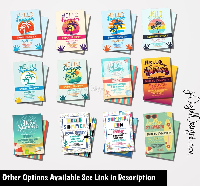 May include: A set of ten colorful summer pool party invitation templates. The invitations feature various designs with palm trees, sunglasses, surfboards, and beach scenes. The text on the invitations includes "Hello Summer", "Pool Party", "Summer Fun", and "Beach".