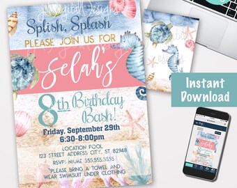 May include: An 8th birthday party invitation with a pink and blue watercolour design featuring seashells, starfish, and seahorses. The text reads "Splish, Splash, Please Join Us For Selah's 8th Birthday Bash!" with the date and time of the party. The invitation is available as a digital download in JPG or PDF format.
