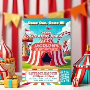 Circus Birthday Invitation, Carnival Party Invite, Editable Template, Instant Download, Printable Kids Birthday Invite Summer Birthday Party