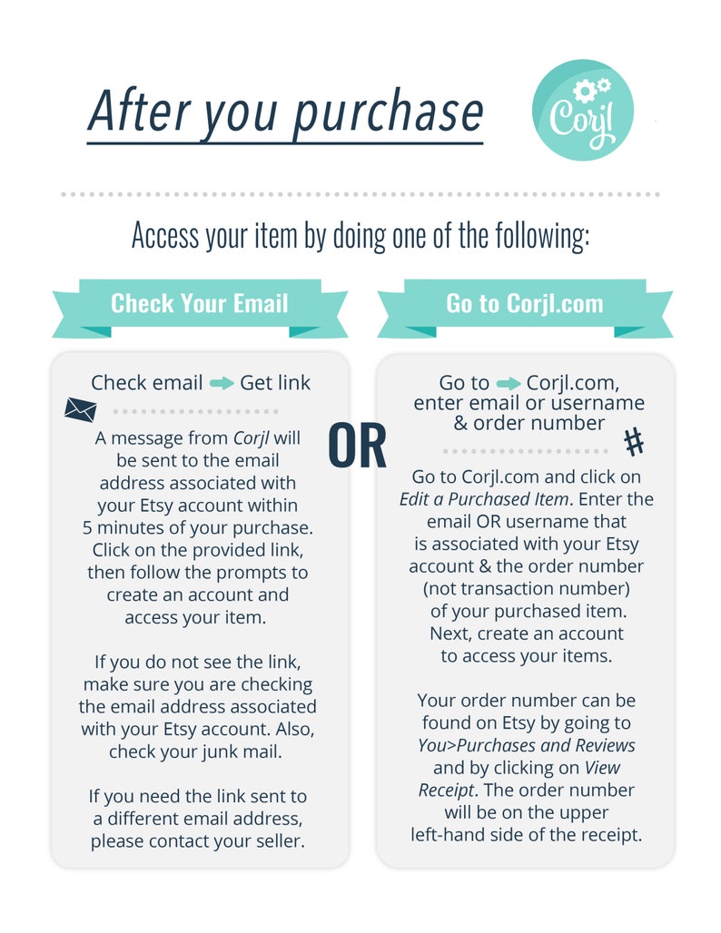 May include: A graphic with instructions on how to access your purchased item after buying from Corjl.com. The graphic shows two options: check your email for a link or go to Corjl.com and enter your email or username and order number.