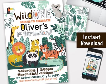 Safari Party invite 1st birthday Boy invitation Instant Download Editable PDF Wild One birthday invitation Boy Jungle birthday invitation