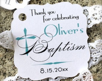 Baptism favor tags, christening labels, religious tags, personalized - set of 15