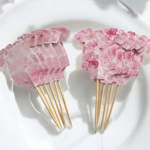 Floral Baby Shower Cupcake Toppers: Pink Bodysuit Food Picks - Set of 12