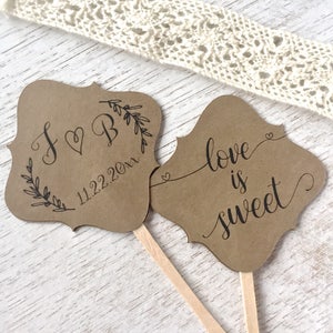 Wedding cupcake toppers, double sided cupcake picks, engagement party, love is sweet, bridal shower cupcakes, rustic decor - set of 10