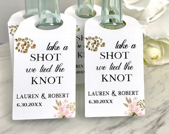 Mini liquor bottle tags, personalized shot bottle tags, engagement labels, take a shot we tied the knot