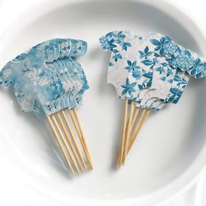 Blue Floral Baby Shower Cupcake Toppers: Bodysuit Food Picks - Set of 12