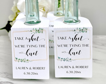 50ml bottles wedding tags, personalized engagement labels, take a shot we tied the knot