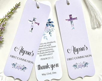 First communion favors, baptism bookmarks, light purple book sign, personalized bookmarks - set of 10