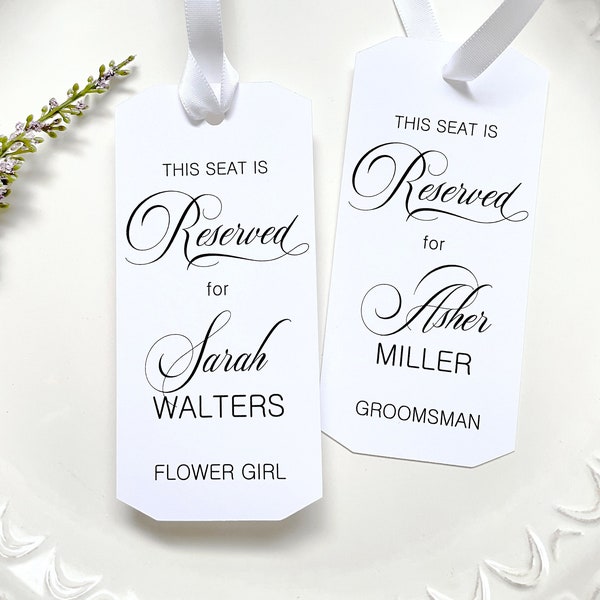 Personalized wedding seat holder, reserved seat tags, seat reservation sign, chair holder sign, wedding party seat holder