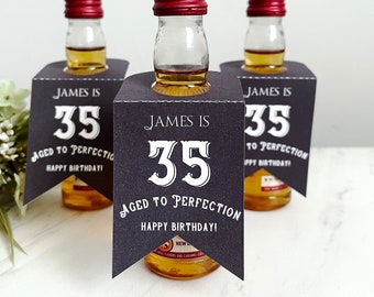 Personalized birthday tags, shot bottle birthday labels, aged to perfection tags, men mini bottle favor tags