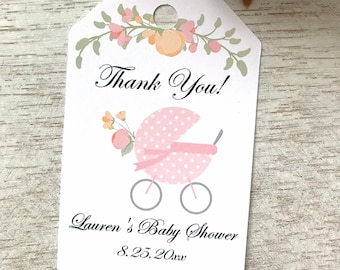 Baby shower favor tags, girl baby shower labels, baby stroller decor - set of 12