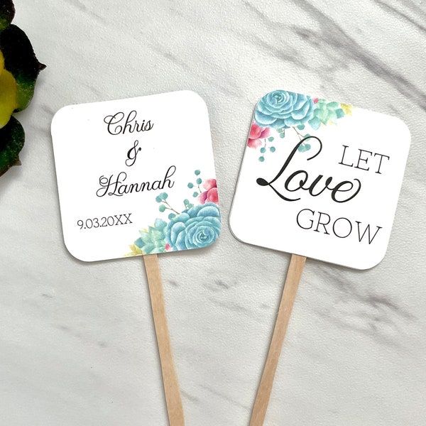 Wedding succulents sticks, let love grow, double sided plant tags, engagement favor labels - set of 10