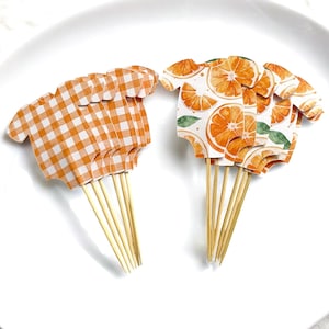 Orange Baby Shower Cupcake Toppers: Gingham Little Cutie Theme - Set of 12
