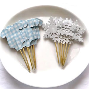 Snowflake & Blue Bodysuit Baby Shower Cupcake Toppers, Set of 12