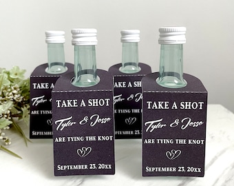 Personalized Black Wedding Shot Bottle Tags: Engagement Party Labels