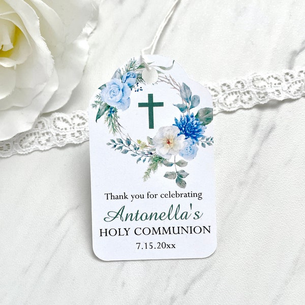 Personalized baptism tags, printed first communion labels, tags for dedication, confirmation labels - set of 12