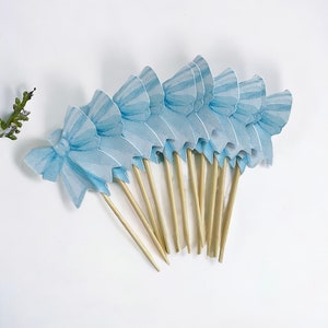 Watercolor blue bow cupcake toppers, double sided food picks - set of 12