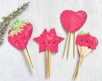 Strawberry cupcake toppers, strawberry food picks, baby shower decor, strawberry birthday decoration - set of 12