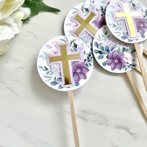 Purple and gold first communion decoration, cross cupcake toppers, baptism decor, christening, dedication - set of 10