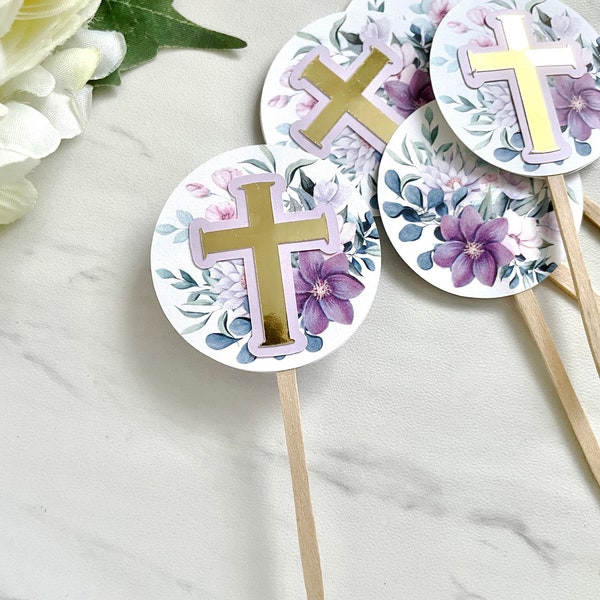 Purple and gold first communion decoration, cross cupcake toppers, baptism decor, christening, dedication - set of 10