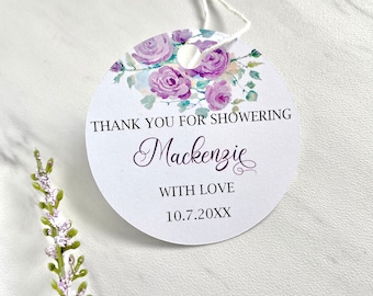 PRINTED Bridal shower tags, baby shower labels, purple flowers tags - set of 12