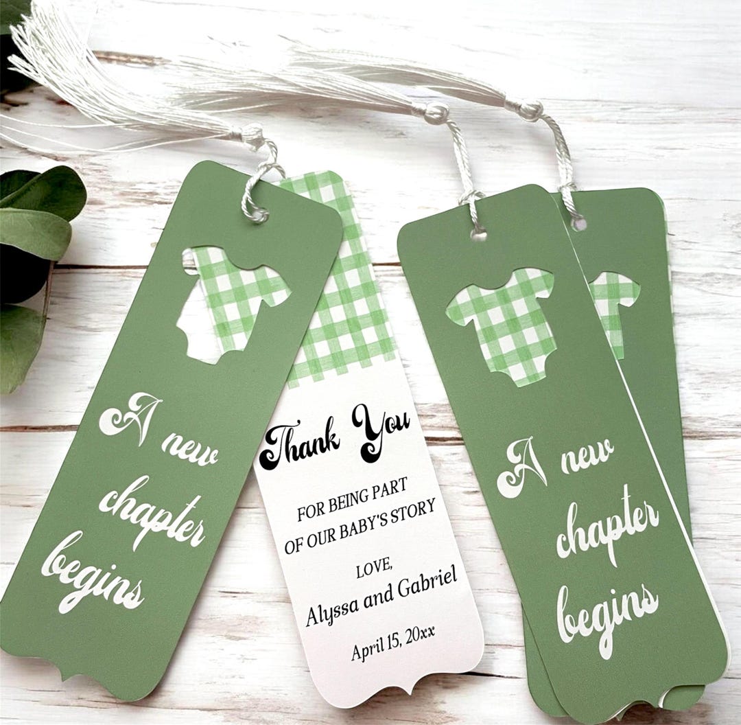 Baby Shower Bookmarks, Personalized Sage Green Book Signs, Literary ...